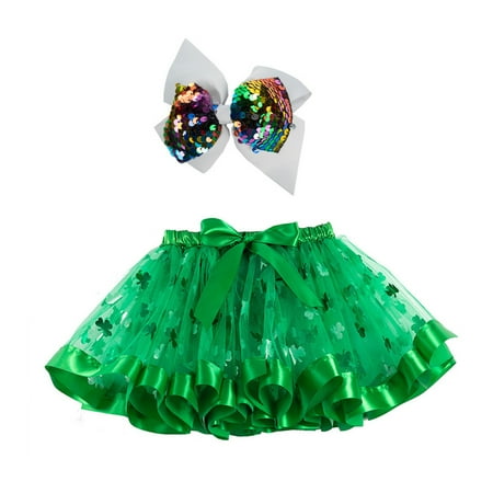 

Rosarivae Four Leaf Clover Printed Tutu Skirt Party Costume Performance Skirt with Sequined Bowknot for Kids Girls (Size S)