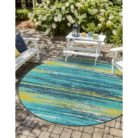 Unique Loom Outdoor Coastal Collection Area Rug - Ombre (4' 1" Round Multi.Blue/Yellow)