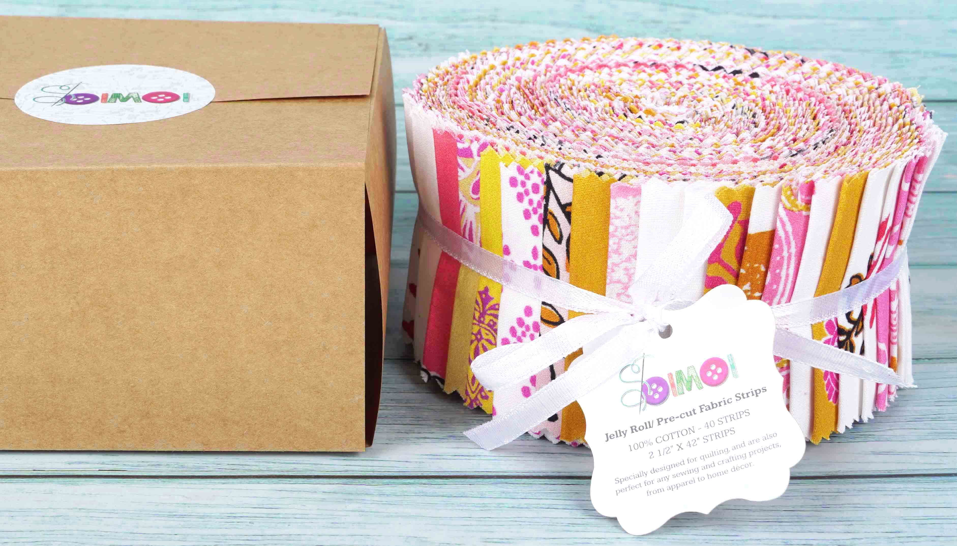 Soimoi 40Pcs Block Print Cotton Precut Fabrics For Quilting Craft Strips 2.5x42inches Jelly Roll - Light Pink