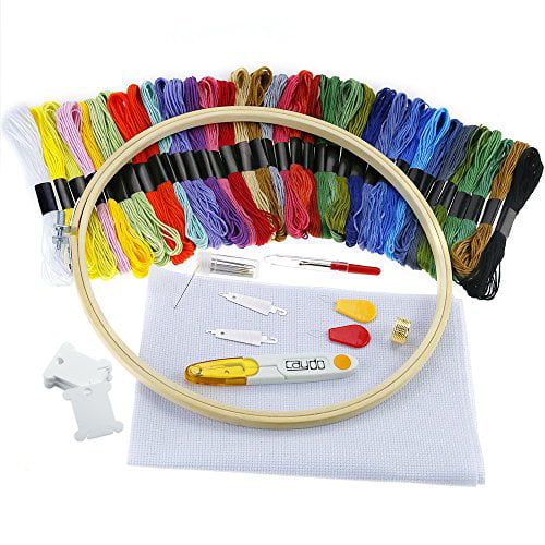 50 Color Threads Embroidery Starter Kit Wartoon Full Range of Cross Stitch Tool Kit Including 8 Inch Bamboo Embroidery Hoop 12 by 18-Inch 14 Count Classic Reserve Aida and Tool Kit