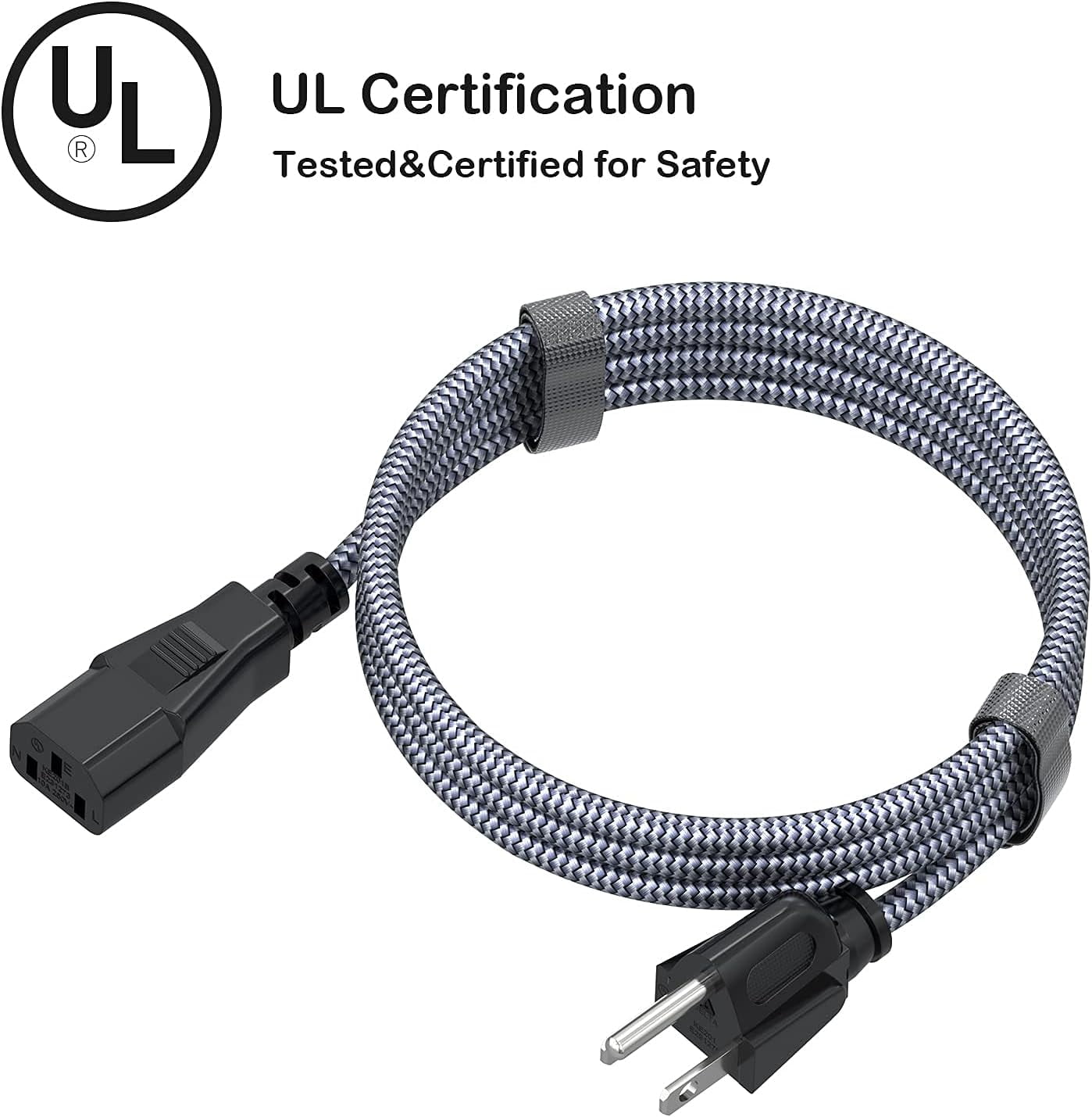 JJEAN-Power Cord, 3.3FT/1m 3 Prong AC Power Cable Nylon Braided Replacement 3 Pin Power Cord UL Certified for Computer, TV, Monitor, Printer, PC, Projector, Laptop and More, Grey