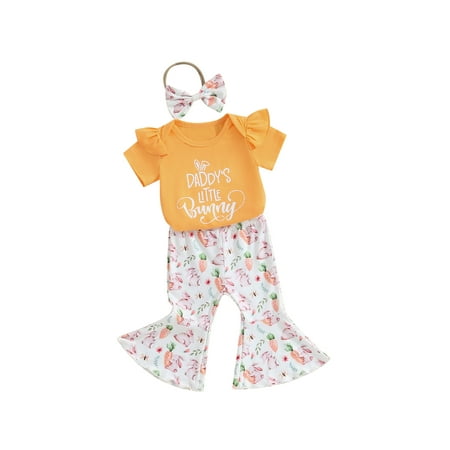 

Infant Baby Girl Easter Outfits Ruffle Short Sleeve Letters Print Romper Bunny Strawberry Flare Pant BowHeadband 3Pcs Clothes Set