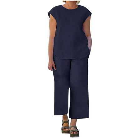 

Homenesgenics Womens Suit Plus Size Pajamas for Women 2PC Fashion Woman Round Neck Solid Sleeveless Blouse +Loose Pockets Pants Sets