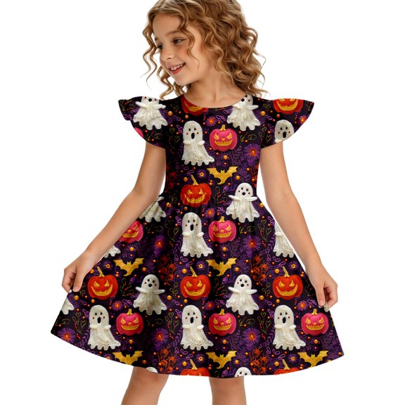 Girls Dresses Halloween Ghost Pumpkin Pattern Sleeveless Flowy Sundress Summer Halloween Party Outfit for Girls Ages 7–14
