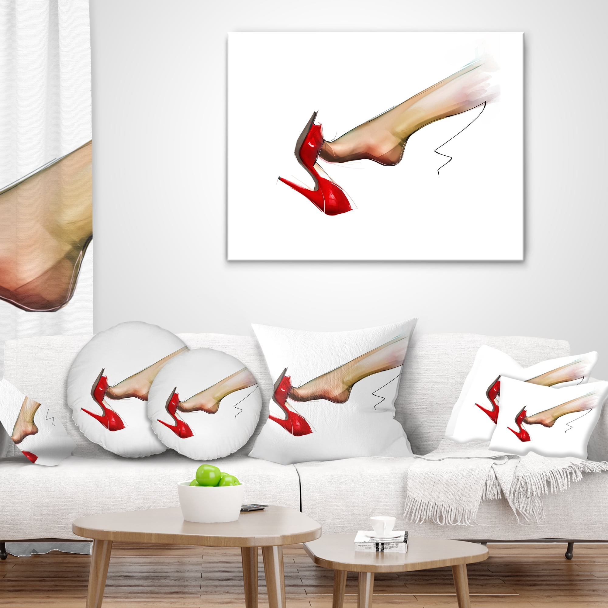 Designart Leg Wearing High Heel Red Shoe - Abstract Portrait Throw Pillow - 18x18