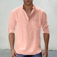 thumbnail image 2 of Eryao Men's Long Sleeve Linen Shirts Button V Neck Tops Casual Lightweight Stand Collar Blouses with Pocket,Pink,XXXL, 2 of 7