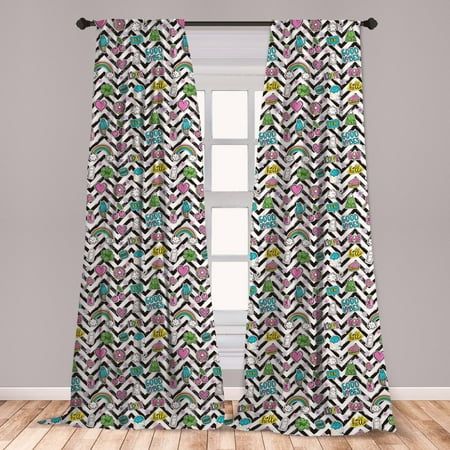 Chill Curtains 2 Panels Set, Black Zigzags with Colorful Cartoon Clouds Rainbow Ghost and Sweets, Window Drapes for Living Room Bedroom, Multicolor, by Ambesonne