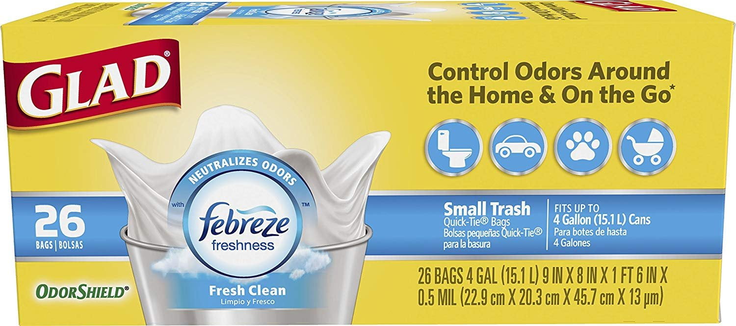 Glad Small Trash Bags - OdorShield 4 Gallon White Trash Bag, Febreze Fresh Clean - 26 Count