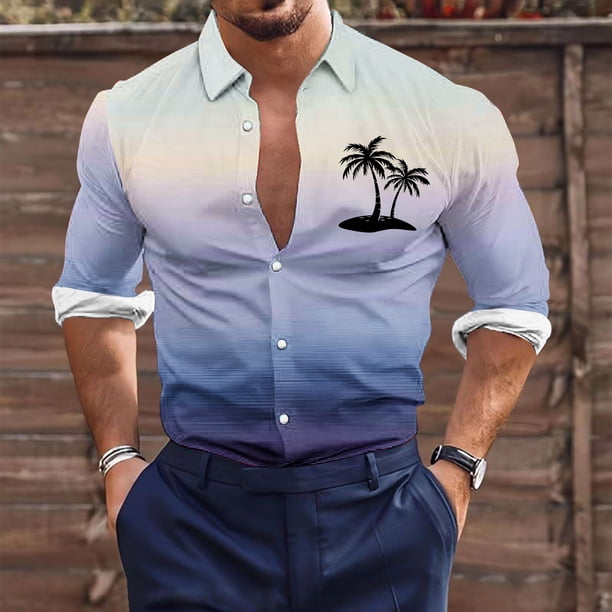 Blusa y camisa de manga larga con cuello vuelto para hombre, estilo casual, a la moda, con botones estampados, blusa de manga larga con cuello vuelto, camisetas de poliéster para hombre
