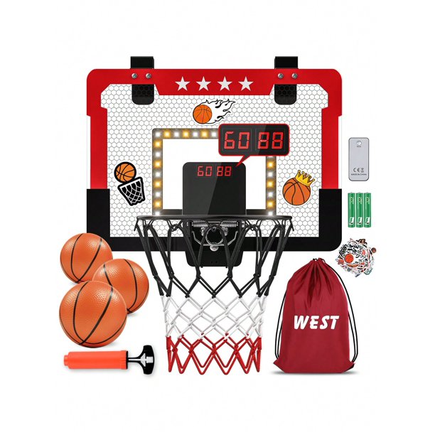 Indoor Basketball Hoop Set for Kids, Mini Foldable Wall Mounted Basketball Hoop with Double Electronic Scoreboard and LED Light, Over The Door Basketb