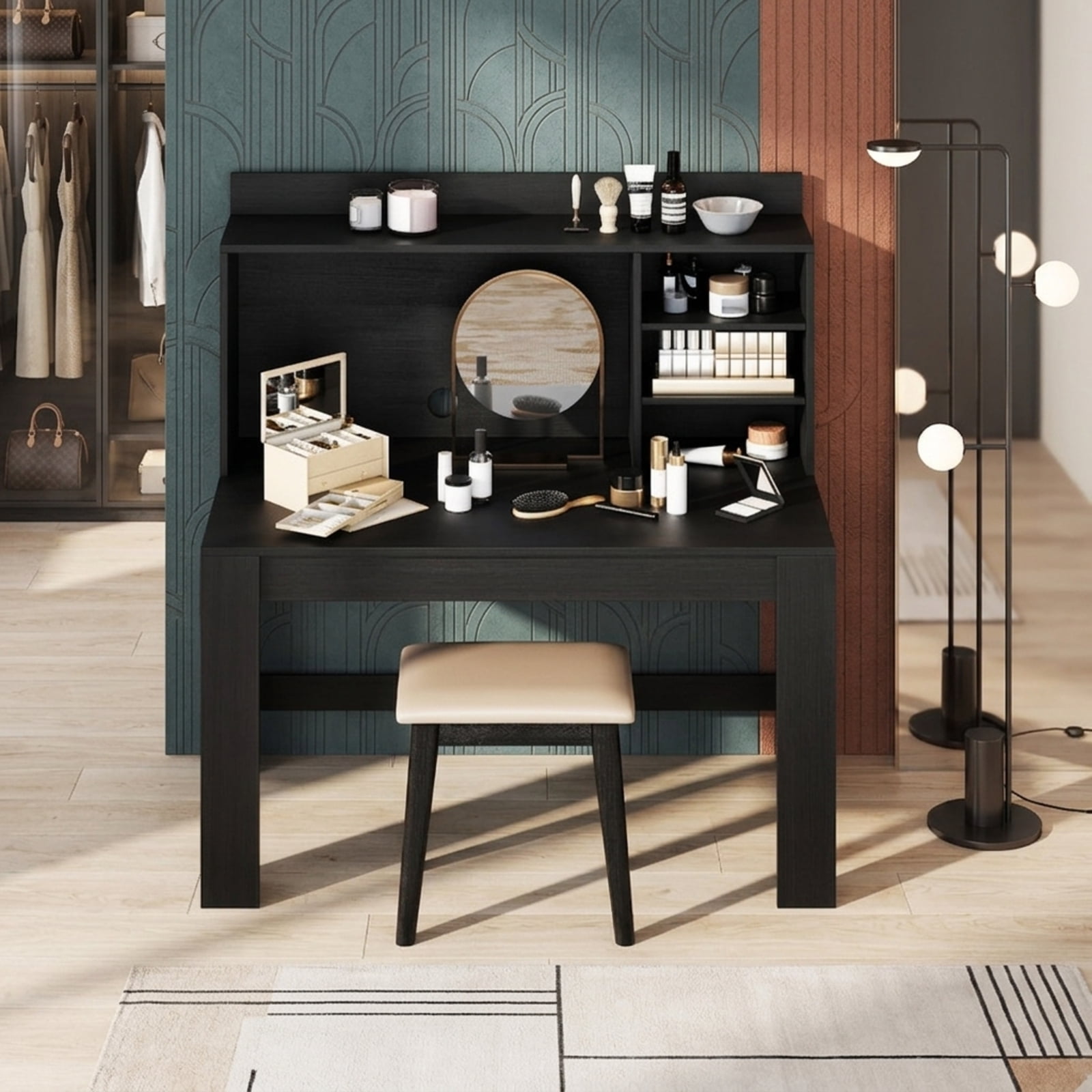Furnibear Modern Computer Desk with Hutch and Home Office Desk with Storage Shelves Charging Station and USB Ports for Study and Bedroom, Black