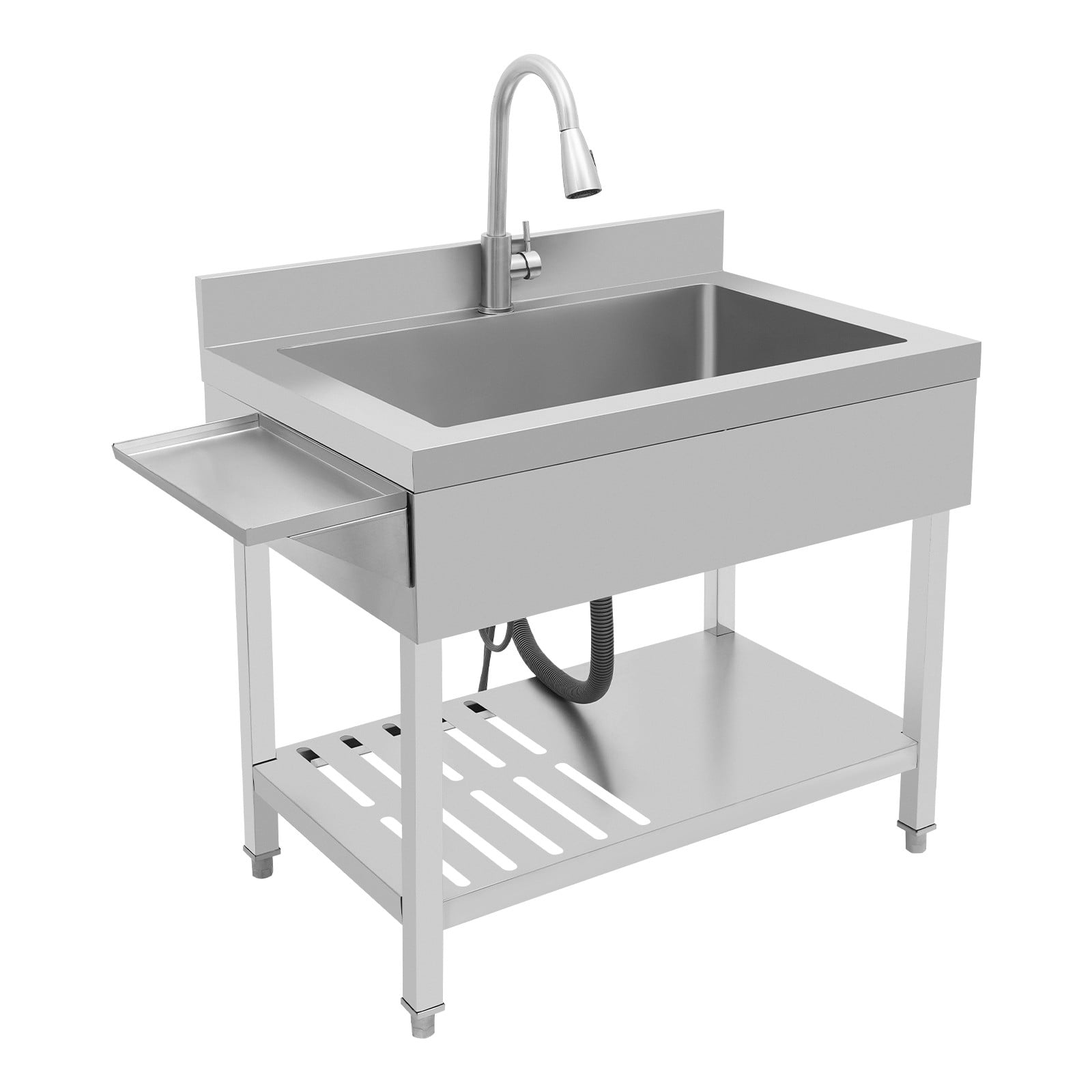 Silver Stainless Steel Single Bowl Sink, 35.4" x 22.4" x 37" Commercial Kitchen Sink Freestanding Prep & Utility Sink with Cold and Hot Water Faucet for Kitchens, Bathrooms, Garage, Laundry Room