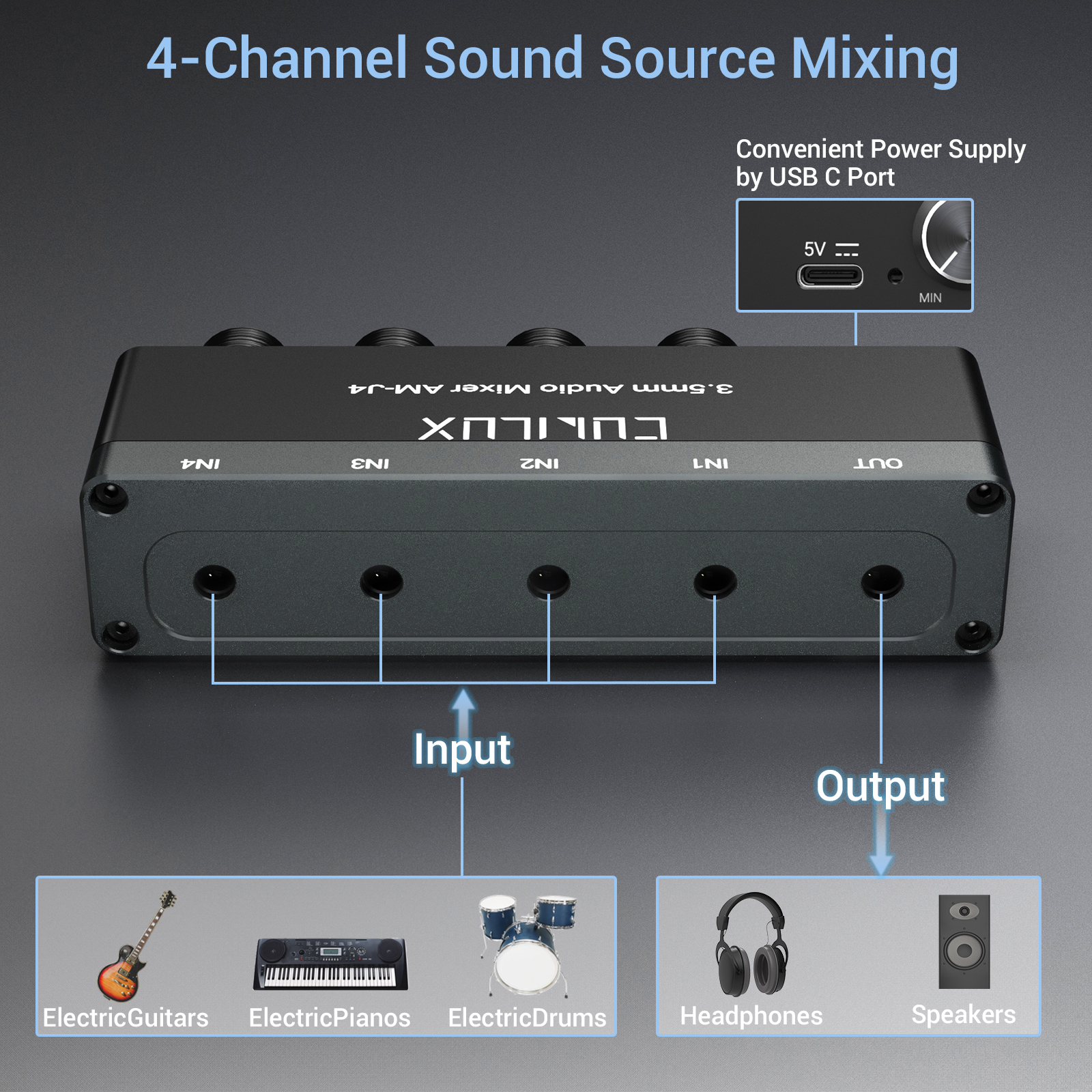 Cubilux 4-Channel Mini Audio Mixer with 3.5 mm TS/TRS Stereo Input, Aluminum Low-Noise Sub-Mixer for Guitars, Keyboards, Bass