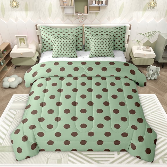 Homewish Green Brown Geometric Circle Boy Girl Twin Bedding Sets 7-Piece,Polka Dots Bedding Comforter Set Microfiber,Vintage Aesthetic Breathable Sheet Sets,Luxury Bedroom Decor,Reversible
