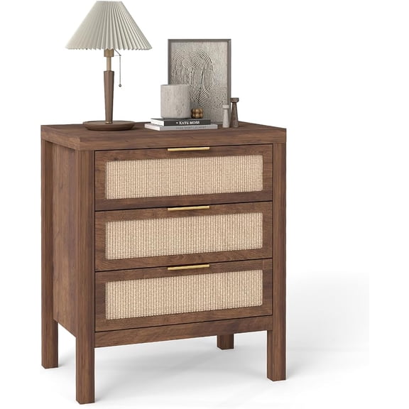 FvMuCore Large Rattan Nightstand, Bedside Table with 3 Drawer Storage, Tall Bed Side End Tables for Bedroom, Living Room, Hallway