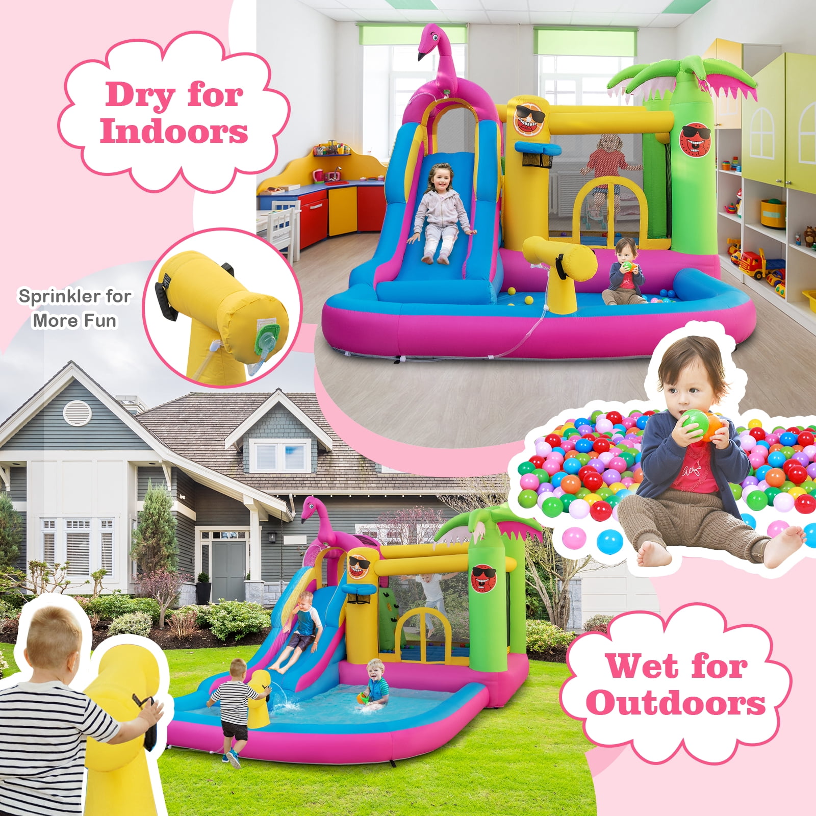 Topbuy 6-In-1 Dry Damp Combo Water Slide Inflatable Bouncy House with Climbing Wall Blowup Jumping Castle