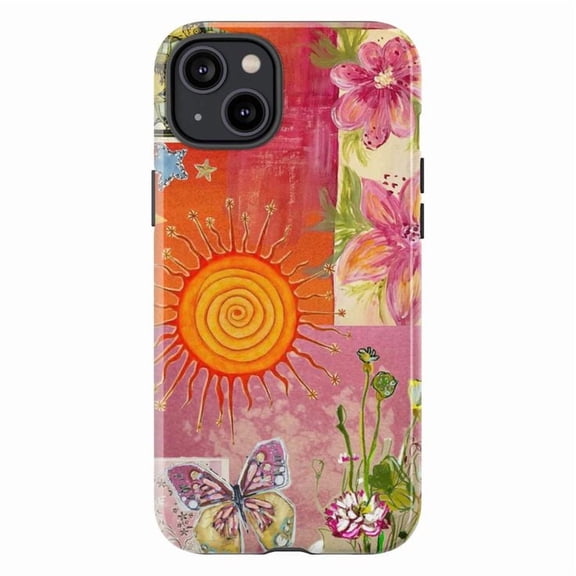 Artistic Sun & Pink Floral Collage Phone Case, Celestial Butterfly Design Cover for iPhone 17 16 15 14 13 12 11 Pro Plus Mini
