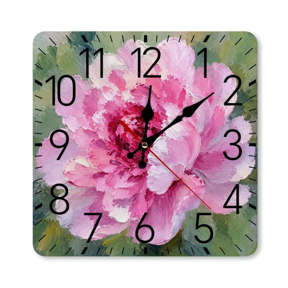 RKSupls 10×10inch Square Silent Wall Clock Wooden Frame, Pink Peony Closeup.png Scale Decorative Clock for Home Bedroom Living Room Office