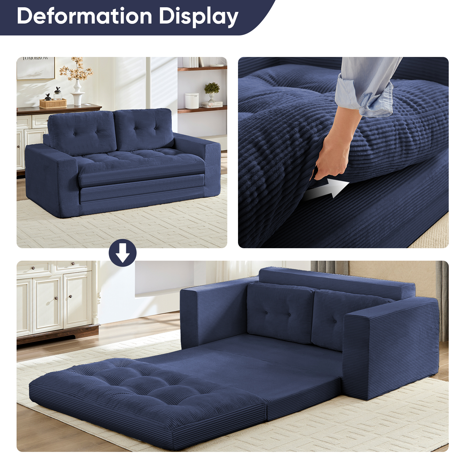 ZAFLY 2 in 1 Convertible Loveseat, Futon Sleeper Sofa Bed, Floor Couch for Small Space - Blue