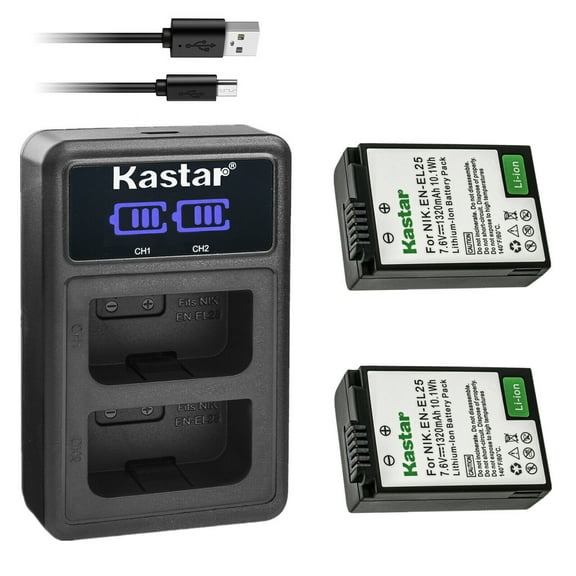 Kastar 2 Pack Battery and LCD Dual USB Charger Compatible with Nikon EN-EL25 ENEL25 EN-EL25a 4241 Battery, Nikon MH-32 Charger and Nikon Z Series, Nikon Z50 Z 50, Nikon Z FC Mirrorless Digital Camera