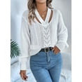 thumbnail image 4 of Women Casual Hollowed Out V-Neck Pullover Sweater Knit Long Sleeve Shirts Top Sweaters White XL, 4 of 9