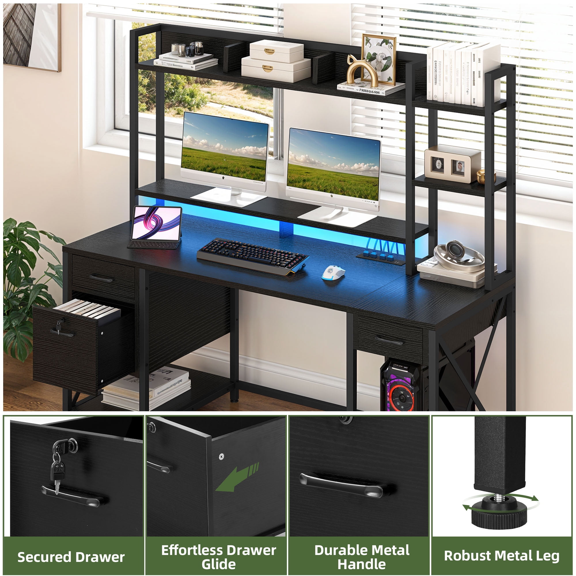 Uforic 59.1"Computer Desk with Power Outlets & Hutch, Office Desk with Storage Shelves & Drawers, Black