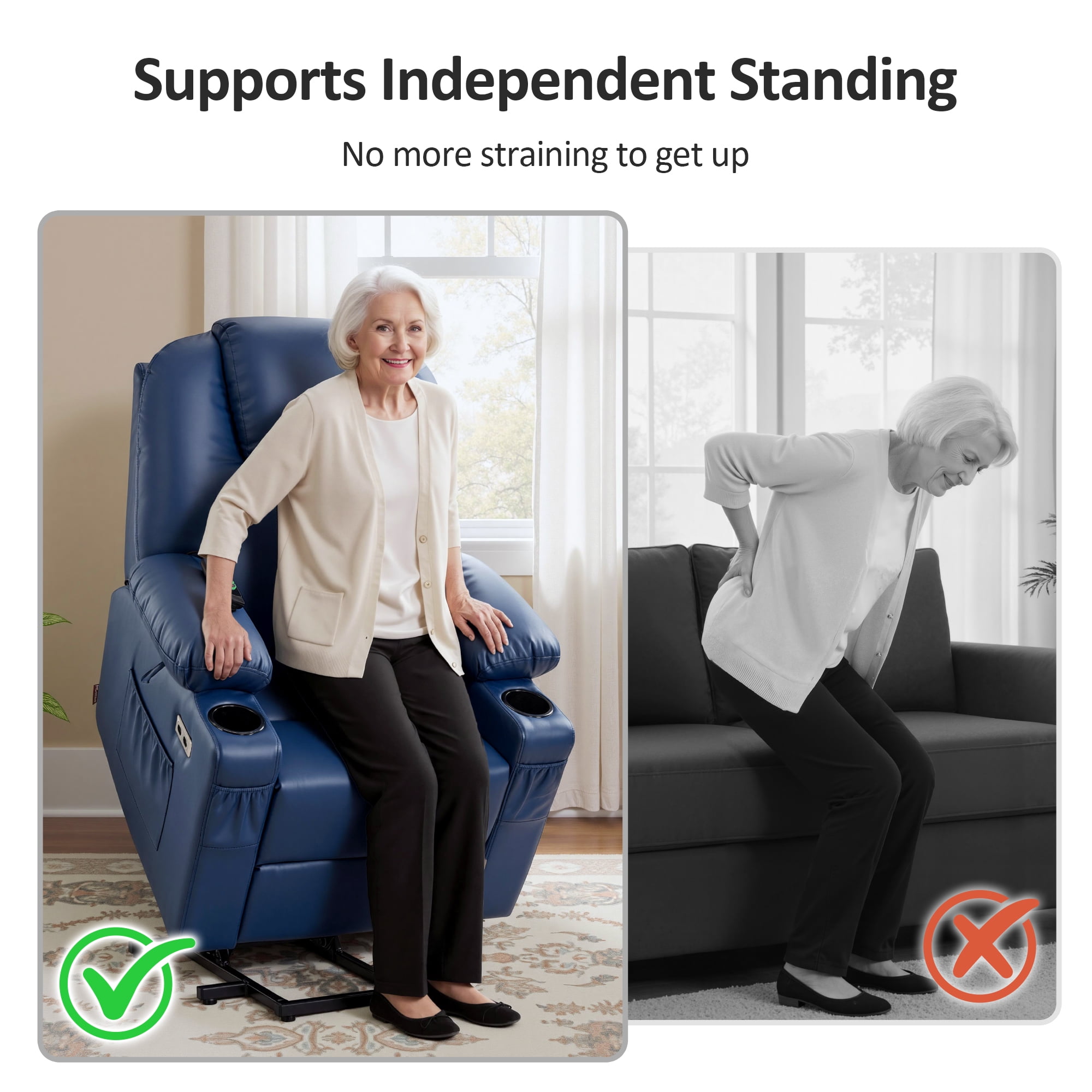 MCombo Electric Power Lift Recliner Chair Sofa with Massage and Heat for Elderly, 3 Positions, 2 Side Pockets, and Cup Holders, USB Ports, Faux Leather 7141 Blue, Small