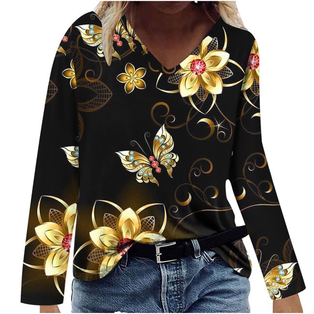 Camisas Para Mujer Camisetas de Gran Tamaño Manga Larga Moda Casual Cuello en V Cómodo Impreso Top Camiseta Blusa Odeerbi ODB135586