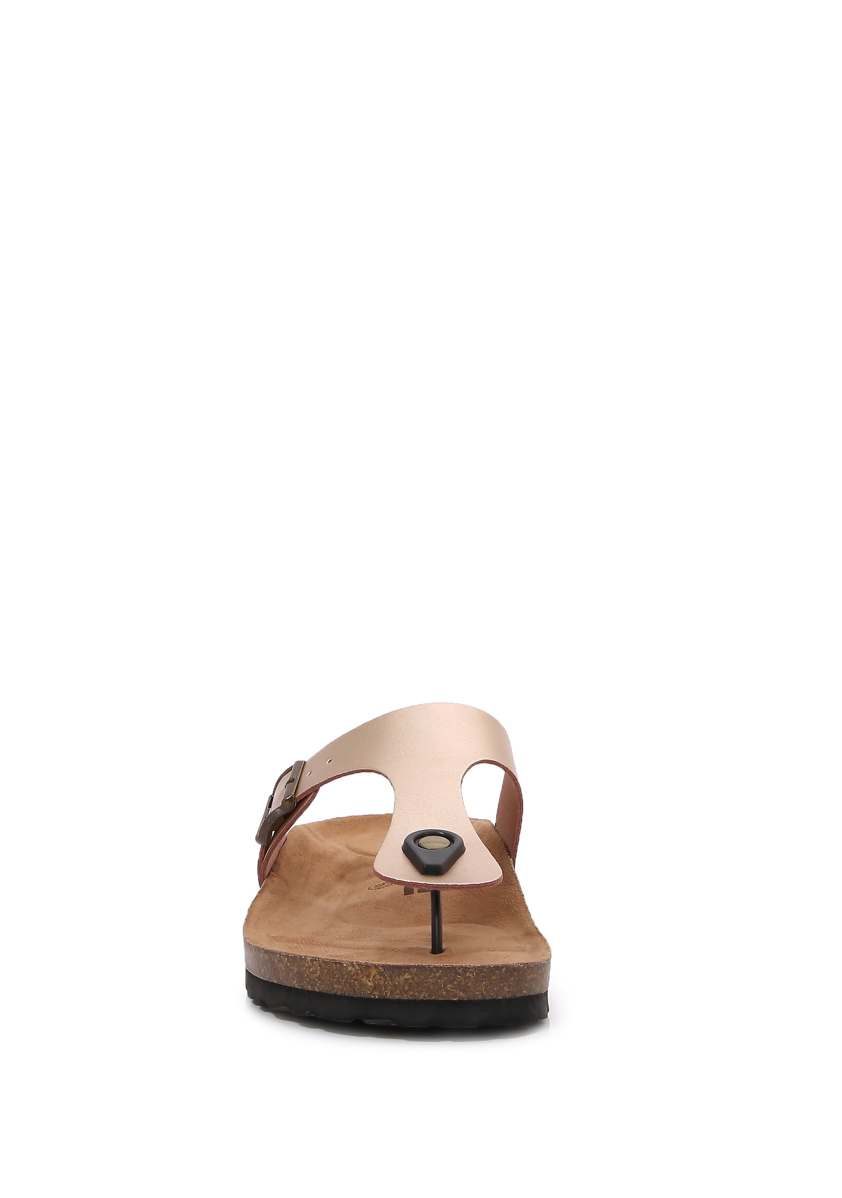 Women Soft Cork Footbed PU Leather Hook and Loop T Strap Flip Flops (PU Gold / 9 )
