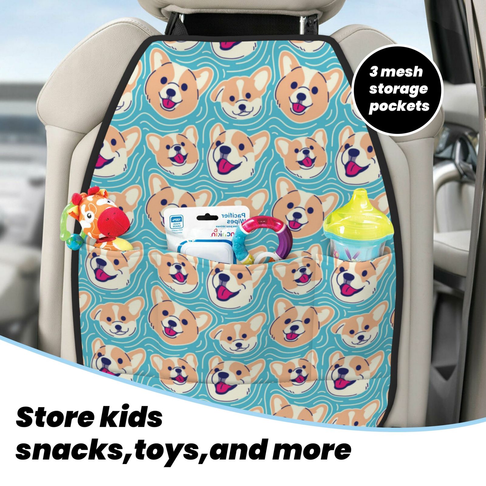 Xecao Cute Corgi Head Pattern Car Seat Back Protector 2 Pack Large Capacity Pocket, Kick Mats Back Seat Protector
