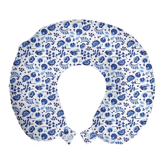 Flower Travel Pillow Neck Rest, Folk Art Design with Birds Floral Blossoms Cartoon Style Motifs Print, Memory Foam Traveling Accessory Airplane and Car, 12", White Pale Azure Blue, by Ambesonne