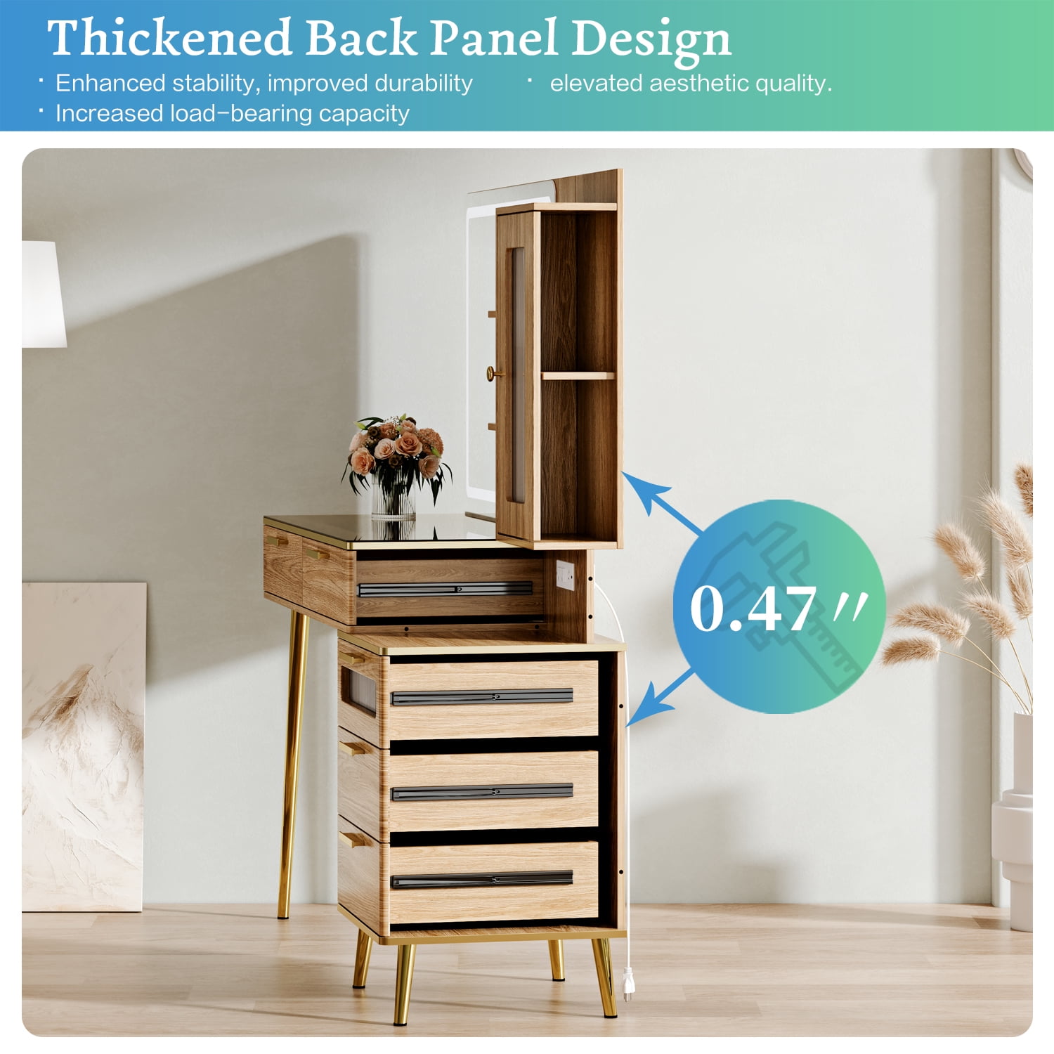 Arulvmrn Vanity Desk 47.24", HD Lighted Mirror w/ 3-Color Touch, 5 Drawers, Charging, Oak