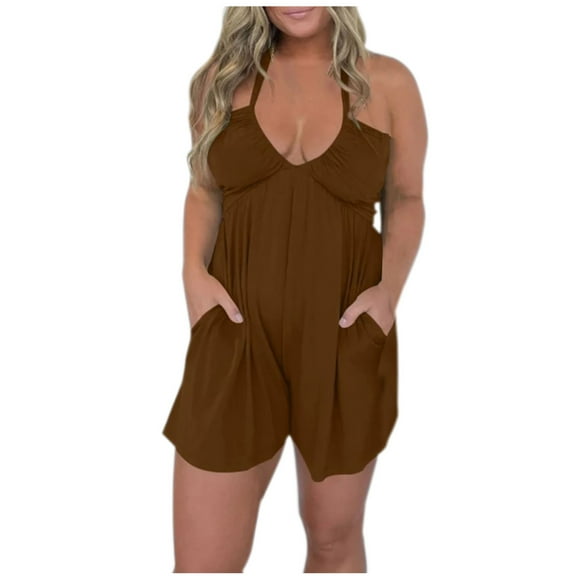 Ahabrexf Jumpsuits for Women Solid Wide Leg Spaghetti Strap Sleeveless Casual Loose Ethnic Short Rompers with Pockets