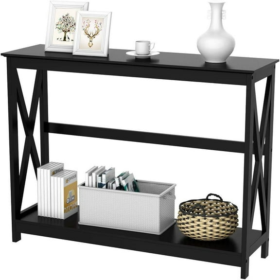 Console Table for Entryway, 2 Tier Entryway Table Bookshelf Accent Table with Storage Shelf for Entry, Hall, Living Room, Foyer Table Furniture, X-Design, Black