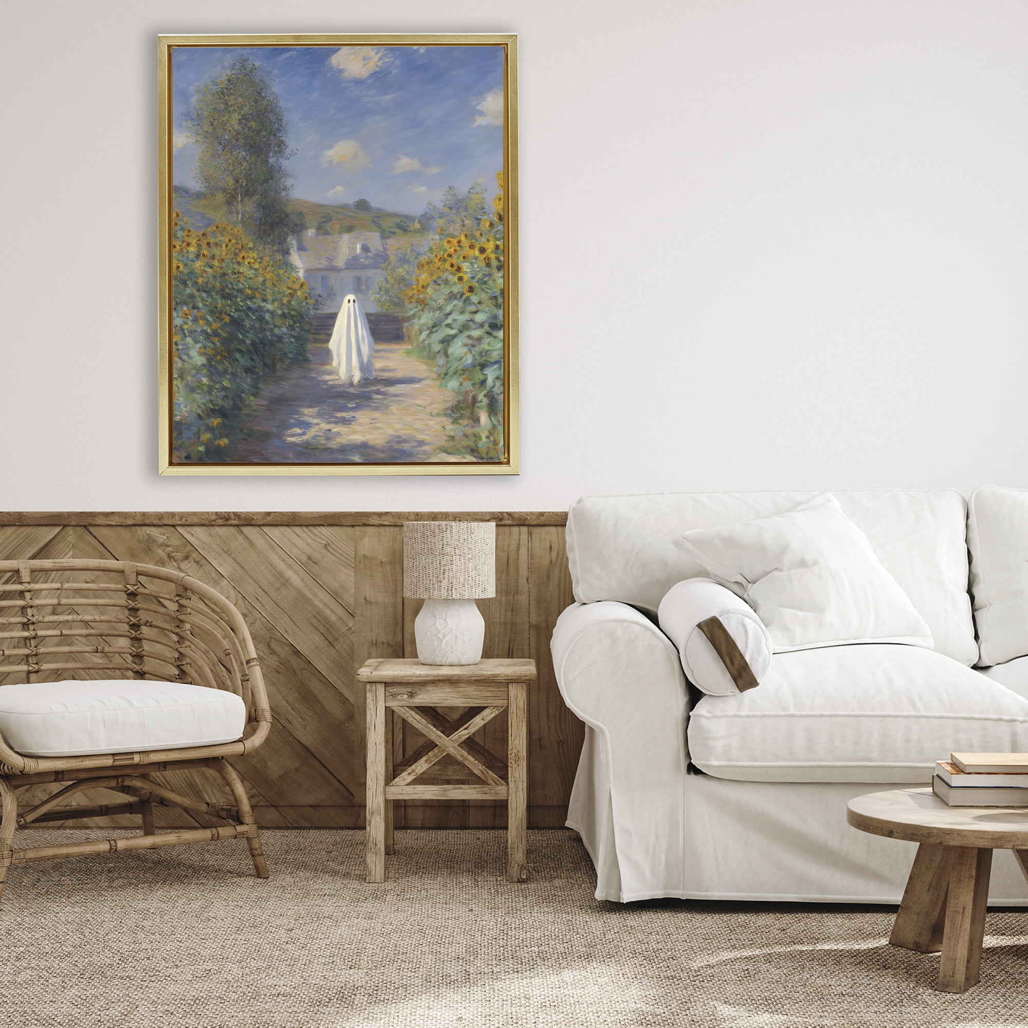 Monet Style Sunflower Ghost Gold Framed Floater Canvas Wall Art, design by Arlington Prints