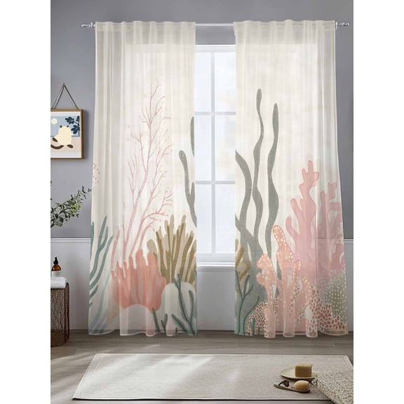 Coastal Coral Sheer Curtains for Living Room Bedroom Retro Watercolor Farmhouse Ocean Seaweed Sheer Curtains 84 Inch Long 2 Panels Set Light Filtering Curtain Window Treatments Drapes for Dining Room