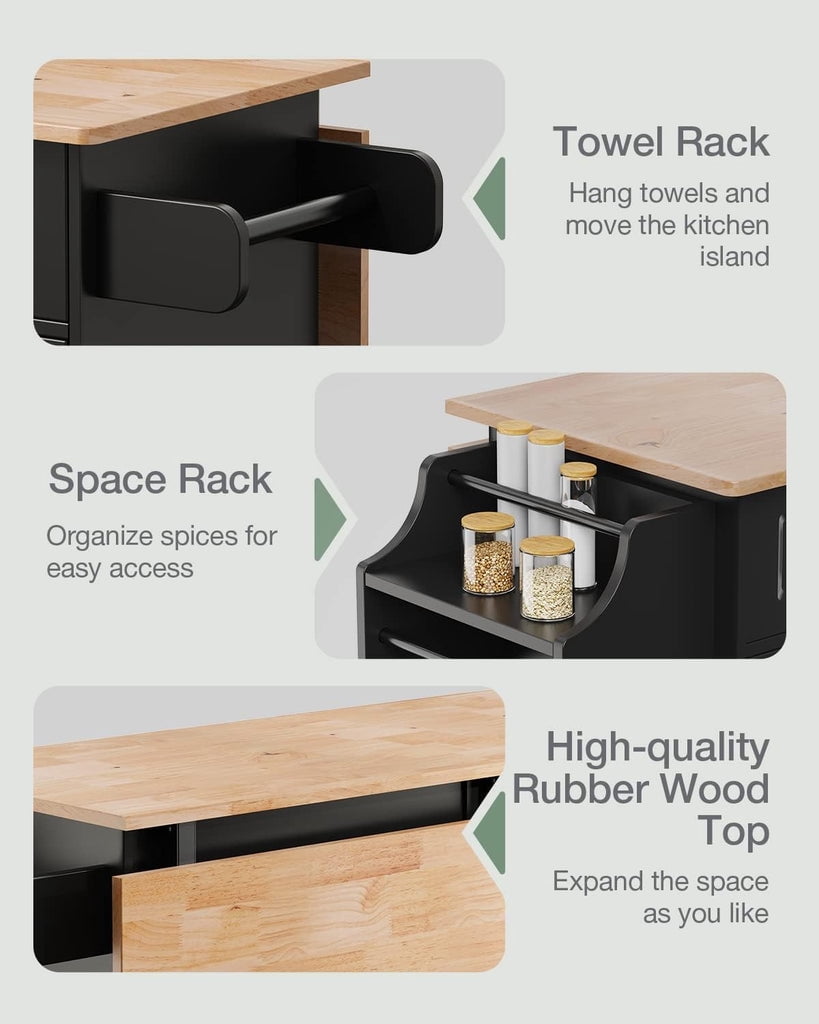 Aiho Kitchen Island with Storage, Mobile Kitchen Island Side Table on Wheels with Rubber Wood Drop-leaf Countertop , Side Rack and Drawer and for Kitchen,Dining Room - Black