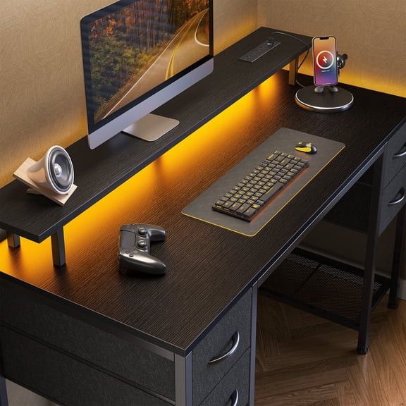 Amadwell 47" Gaming Computer Desk with LED Lights, Power Outlets, Home Office Writing Desk with 4 Drawers, Black