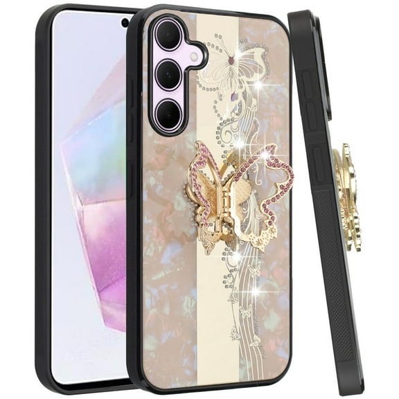 Designed for Samsung Galaxy A36 Diamonds 3D Butterfly Bling Sparkly Glitter Ornaments Engraving Hybrid with Ring Stand Fashion Phone Case Cover - Enchanted Butterfly Gold