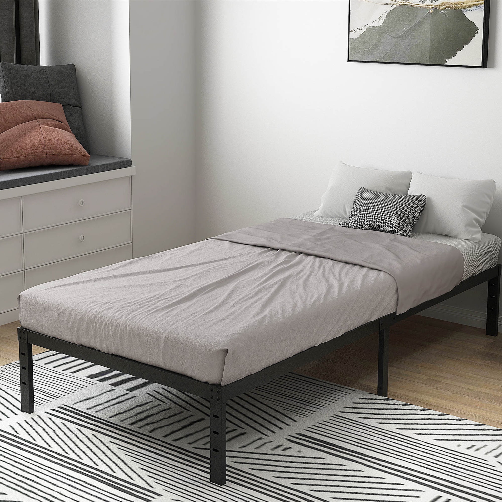 QFTIME 16 inch Metal Platform Bed Frame, Black, Twin XL