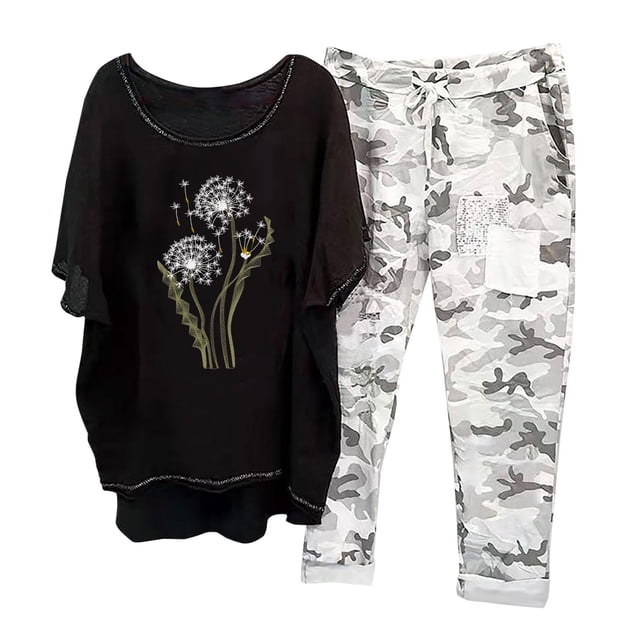 Hauts à Manches Courtes pour Femmes Ensemble Chemise + Pantalon Imprimé Col Rond Manches Courtes pour Femmes