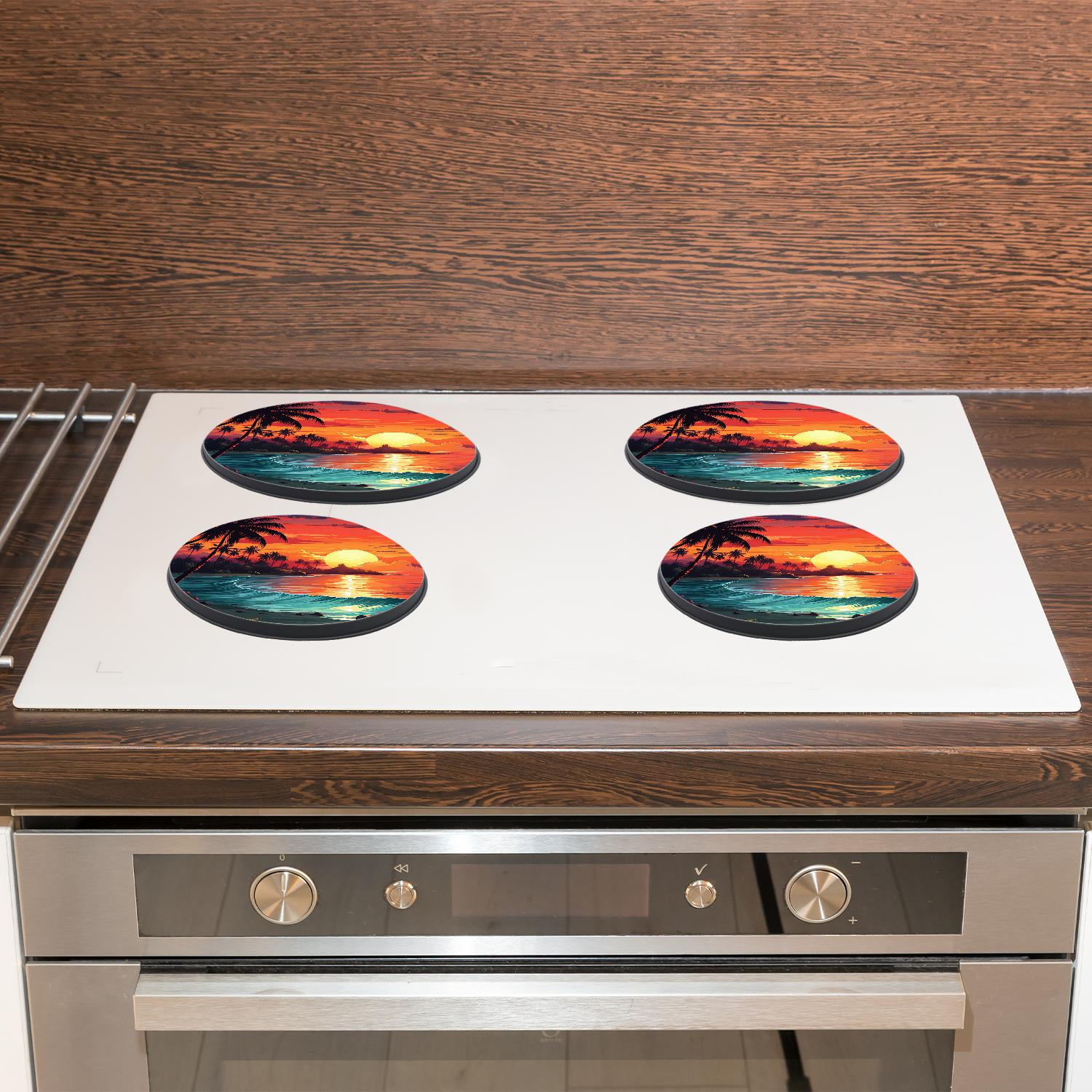 Round Stove Burner Covers 4 Pcs,Orange Sunset View Seashore Beach Palms Tree Lovely Round Electric Stove Burner Covers 8Inch And 10Inch