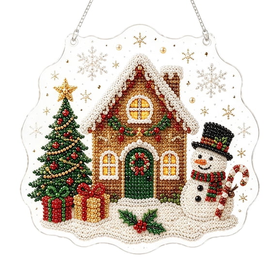 Christmas Snowman House Diamond Painting Hanging Ornament Wavy Acrylic Window Wall Decor DIY Sparkling Rhinestone Craft Pendant(Pattern A-20cm)