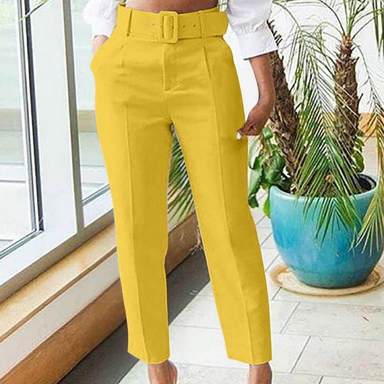Jwzuy Womens Solid Suit Pants Trousers Cropped Belted Waist Pant Pleated Formal Pants Yellow XXL, Women's, Size: 2XL