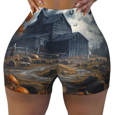 Workout Shorts Women  Halloween Farm Pumpkin Ghost C Biker Shorts for Women Running Gym Spandex Shorts Tummy Control