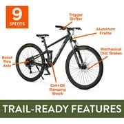 Ozark Trail FS.2 Slalom 29 in Full Suspension Mountain Bike, Medium Frame, Fits Riders 5 ft 6 in - 5 ft 9 in, Black, Adult, Unisex