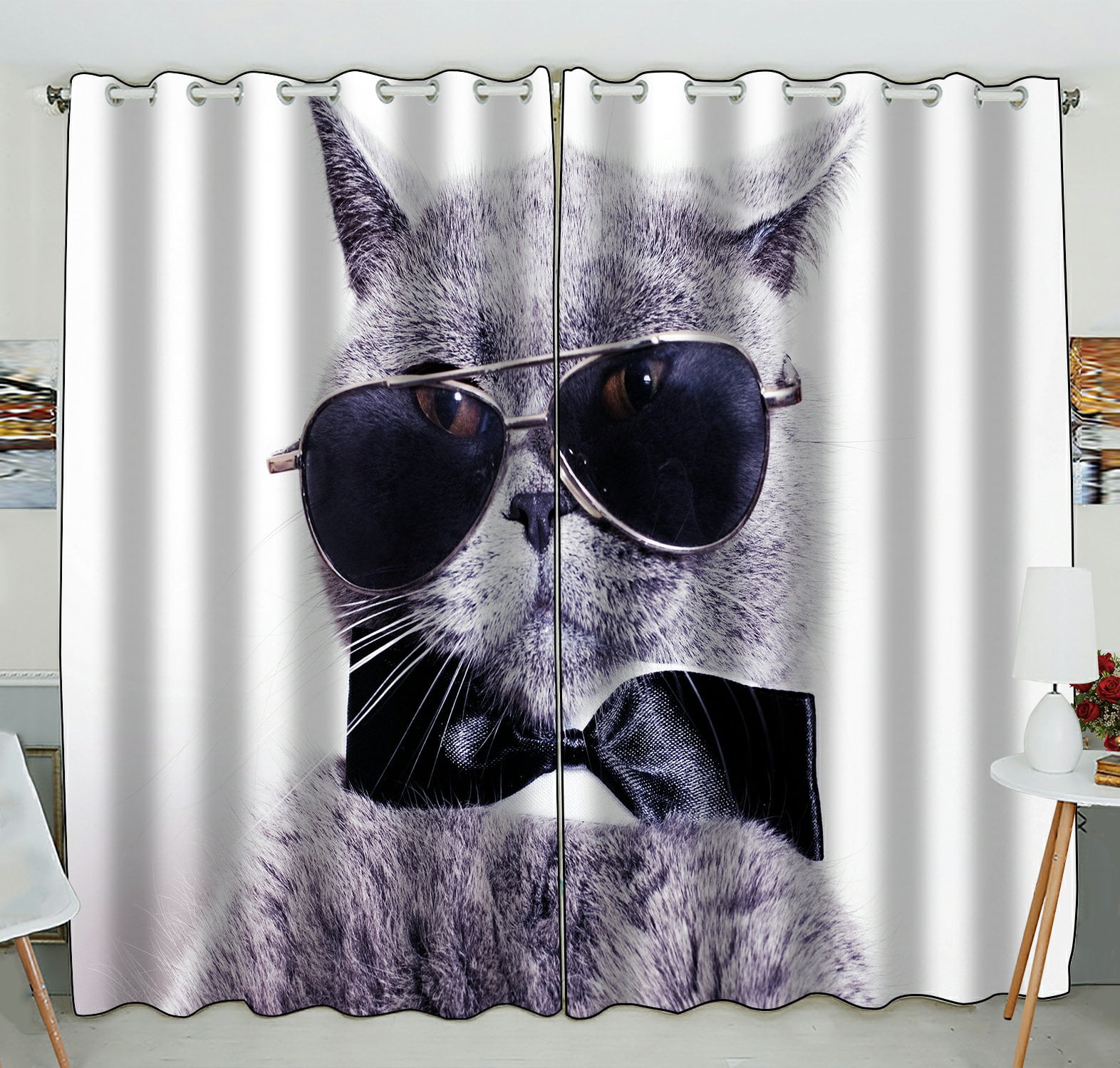 PHFZK Funny Cat Window Curtain, Portrait of British Shorthair Gray Cat