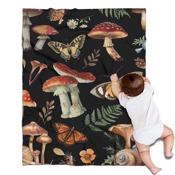 Red Mushroom Butterfly Black Pattern Blanket,Comfortable Soft Flannel Throw Blanket,All Season,Warm Lightweight Blankets for Sofa Bed Couch Living Room Chair,30"x40"