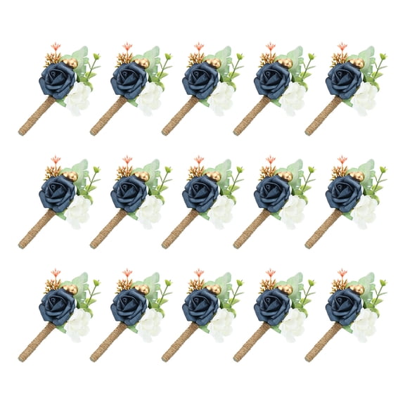 15Pcs Groom Boutonnieres Burgundy Boutonnieres with Pins for Men Rose Wedding Ceremony Anniversary Dinner, Dark Blue