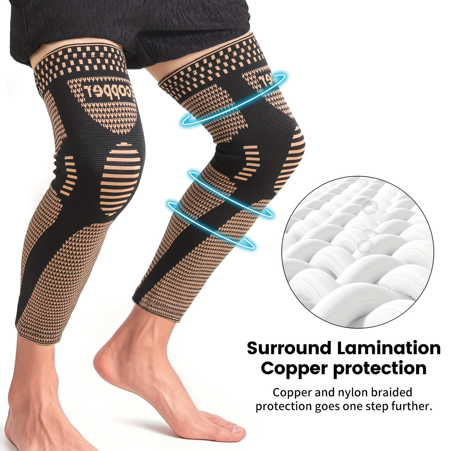Copper Long Knitted Compression Knee Braces - Full Leg Compression Sleeves for Men & Women - Support for Exercise, Daily Life, Work, Fitness Running, Basketball, Volleyball
